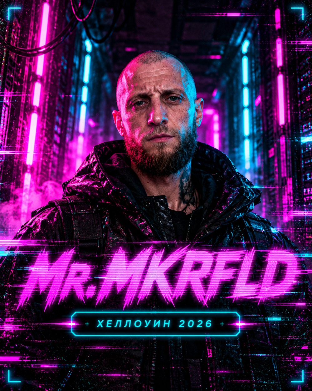 Mr. MKRFLD — киберпанк-постер Хеллоуин 2026